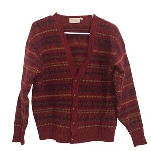 Vintage Carlo Comberti Cardigan Sweater M 100% Wool Red Purple Striped Button-Up